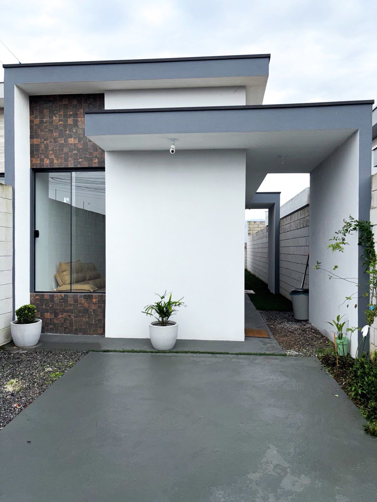 Uma casa moderna com telhado plano, porta de entrada de vidro e entrada de automóveis em concreto.