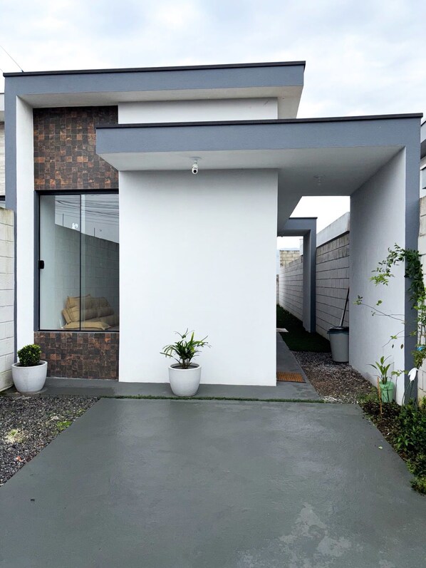 A modern house with a flat roof, a glass door entrance, and a concrete driveway.