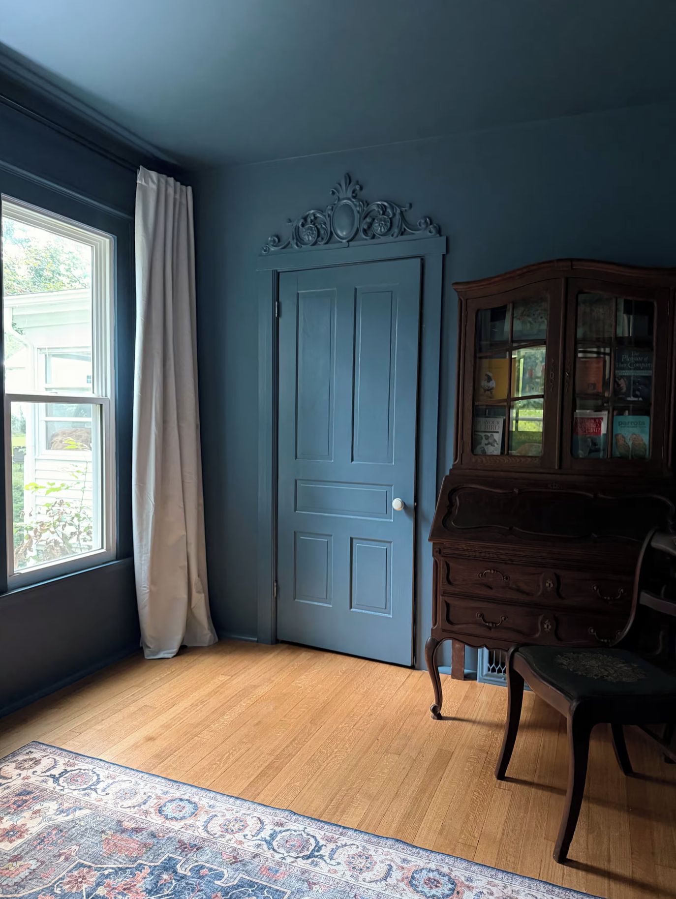 A room with a blue door, a wooden cabinet with glass doors, a patterned rug, and a window with curtains.