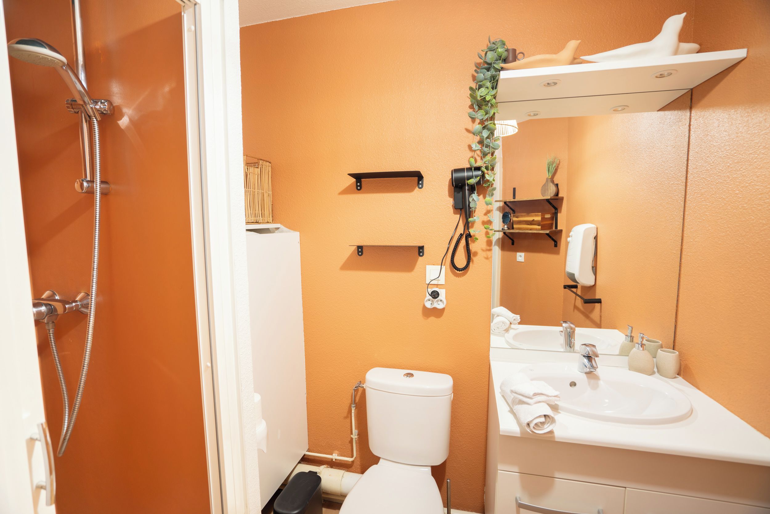 A bathroom with a white toilet, a sink, and a shower. There are shelves and a mirror above the sink.