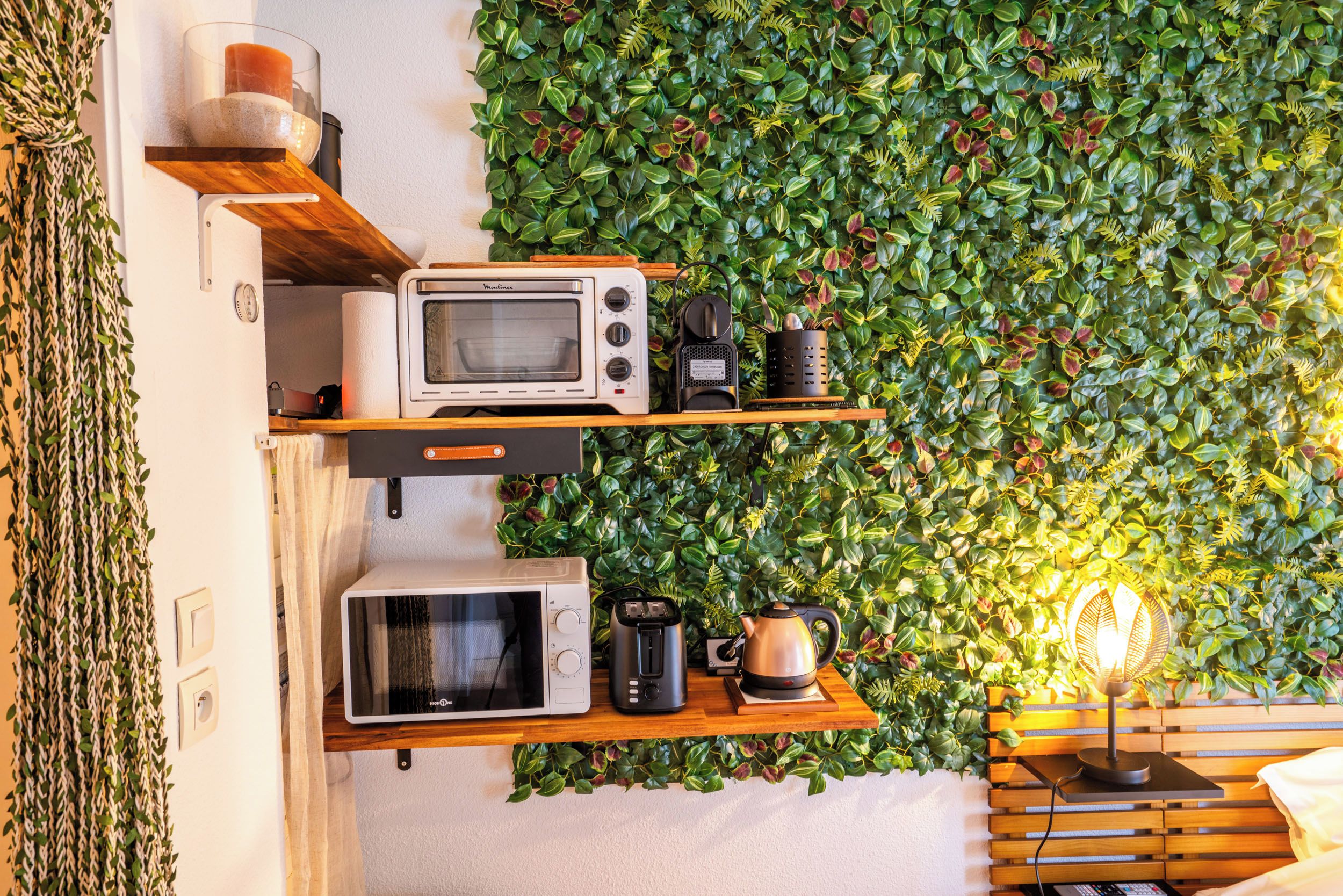 A kitchenette with a microwave, toaster, and kettle on wooden shelves against a wall with a green leafy backdrop.