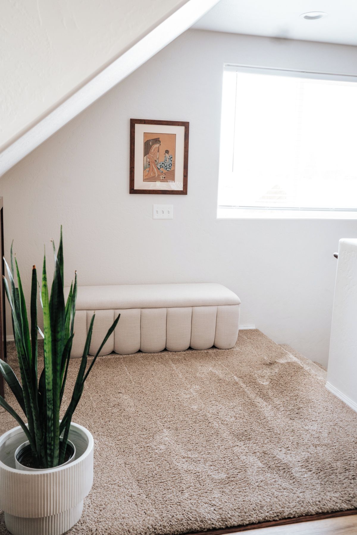 A room with a high ceiling, a bench, a potted plant, and a framed picture on the wall.