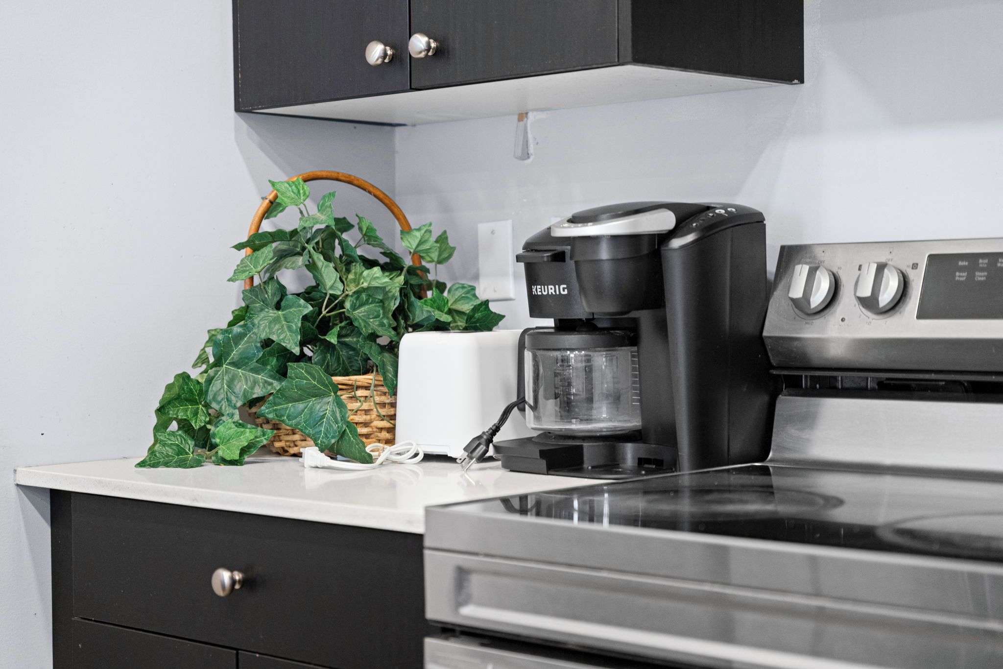 A kitchen with a coffee maker, a potted plant, and a white countertop.