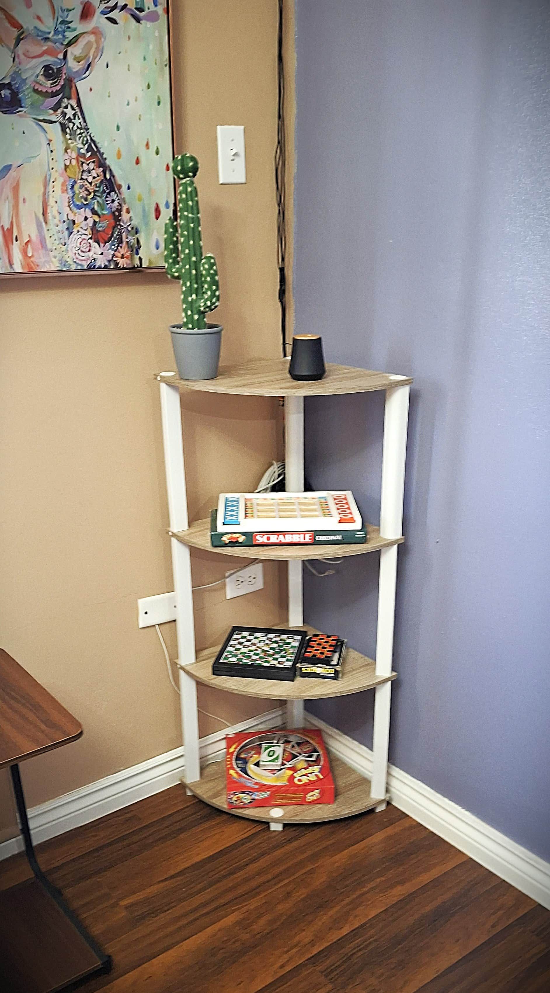 A corner shelf with a Scrabble box, a chess set, and a small cactus.