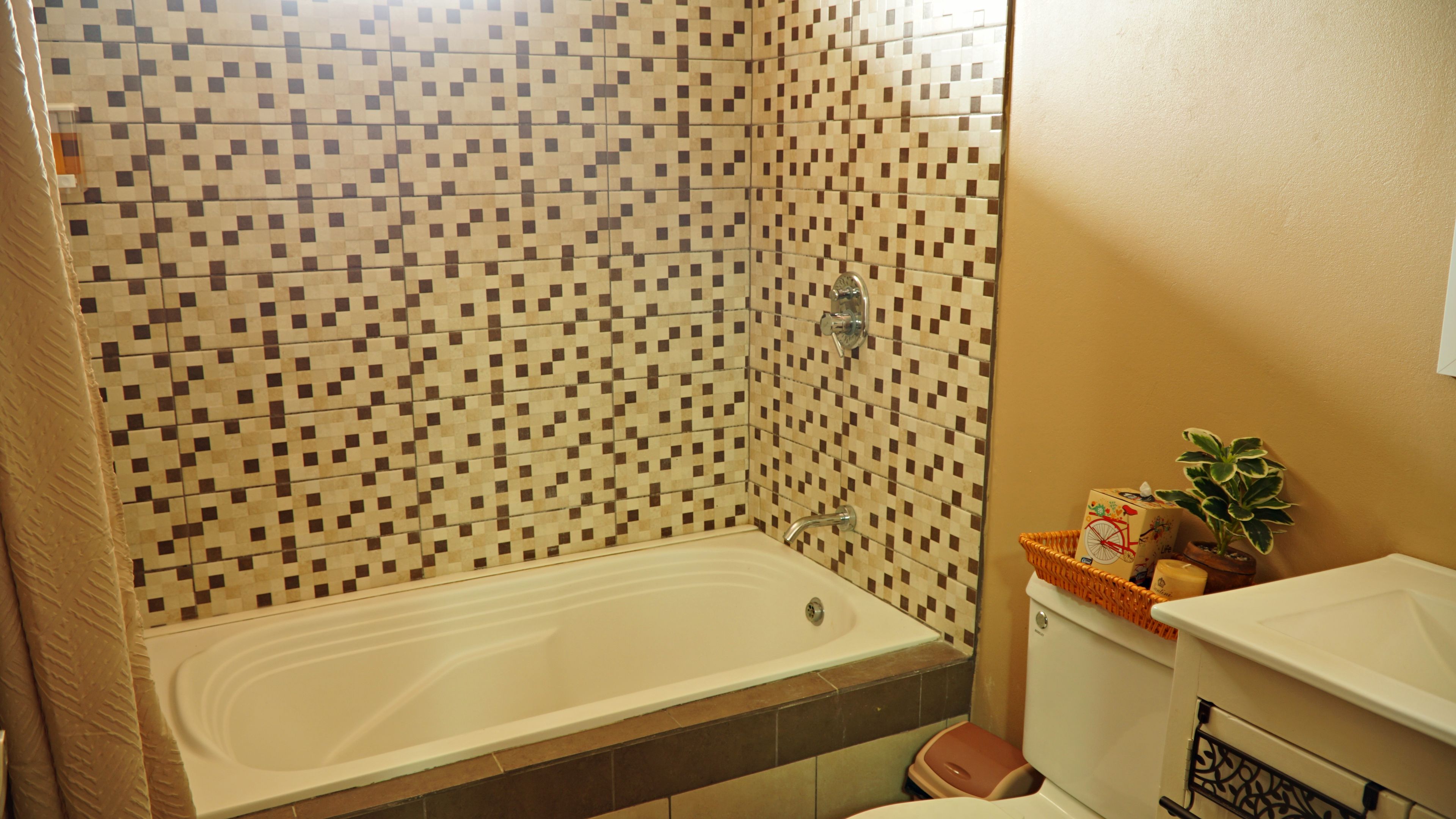 A bathroom with a tiled shower wall, a bathtub, a toilet, and a small plant on the counter.
