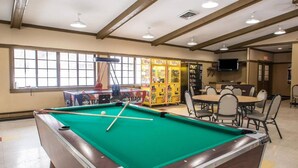 Une table de billard recouverte d’un drap vert, un queue de billard et une bille blanche. Quatre chaises sont disposées autour d’une petite table, et un téléviseur est fixé au mur.