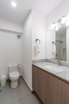 A modern bathroom with a marble sink, a large mirror, and a toilet. - San Isidro Petit Thouars Living By Geko (San Isidro)