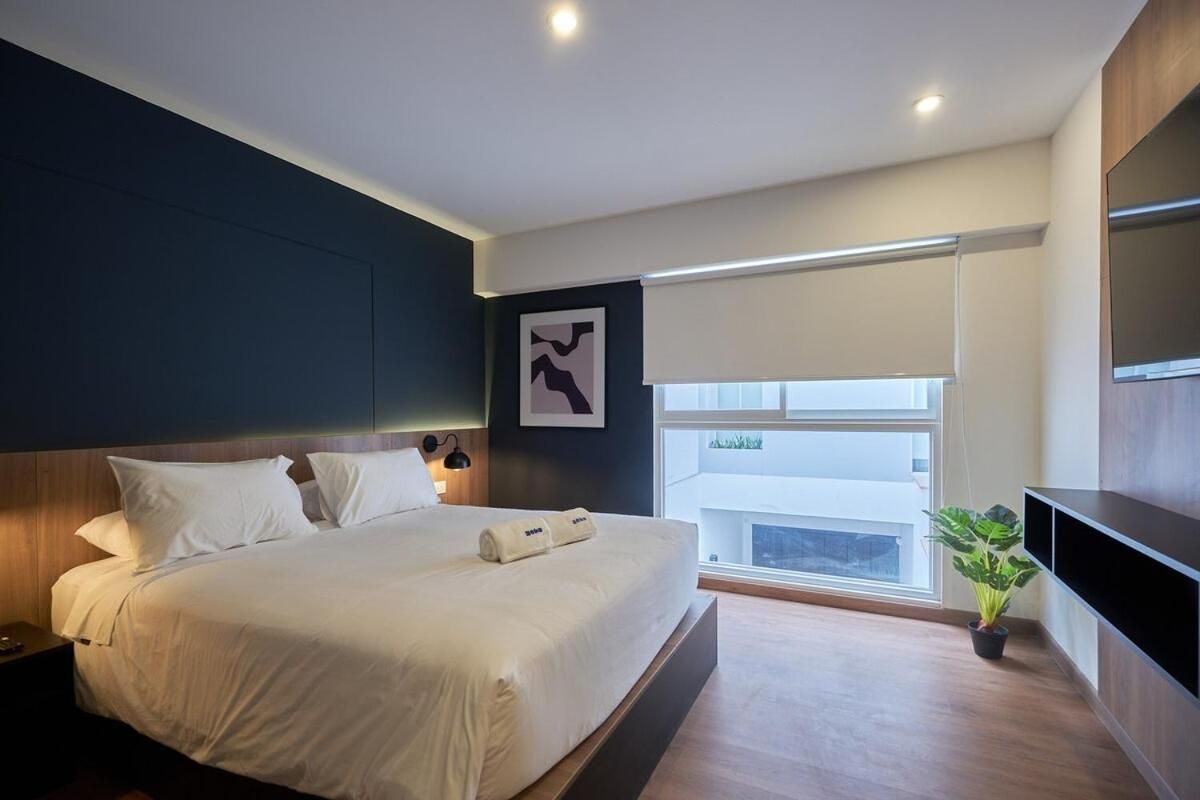 A modern hotel room with a large bed, a flat-screen TV, a potted plant, and a window with a view.