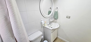 A bathroom with a toilet, sink, and mirror.
