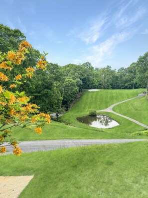 Ein Golfplatz mit Teich, Bäumen und blauem Himmel.