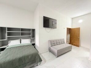 Ein Schlafzimmer mit einem Bett, einem grauen Sofa, einem an der Wand montierten Fernseher und einer Holztür.