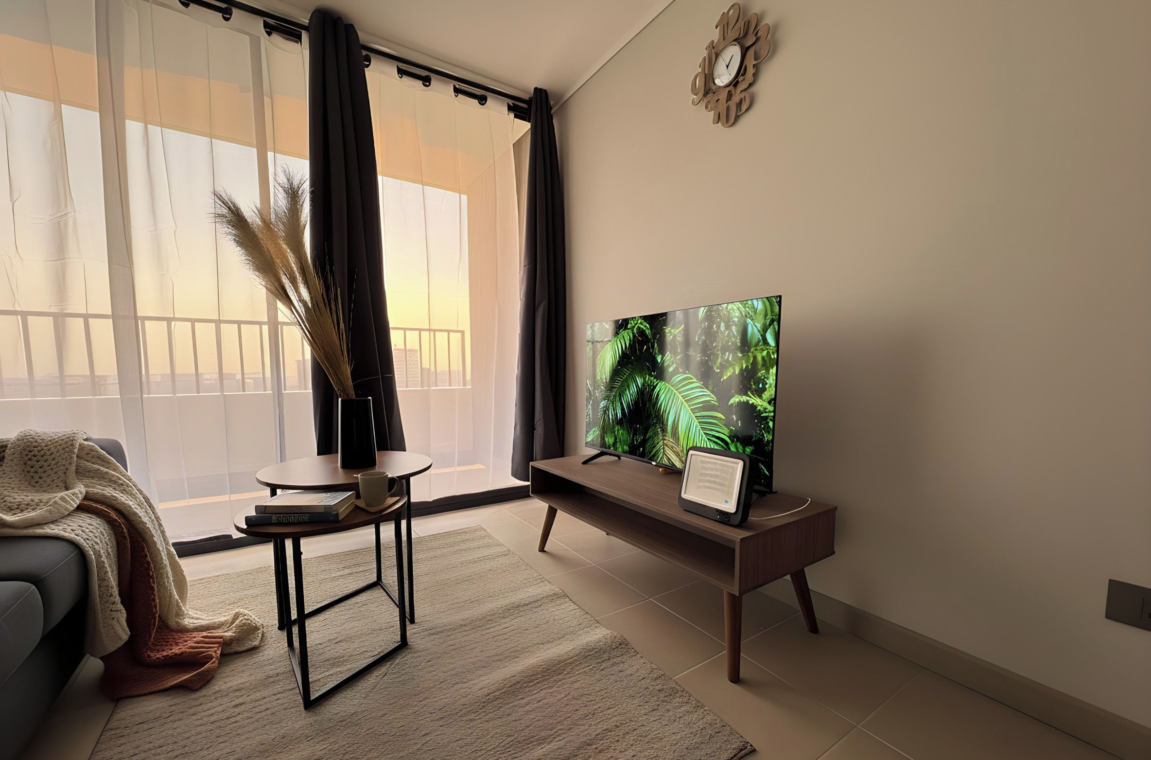 Una sala de estar con un televisor de pantalla plana grande, un sofá, una mesa de centro y vistas a un balcón con cortinas.