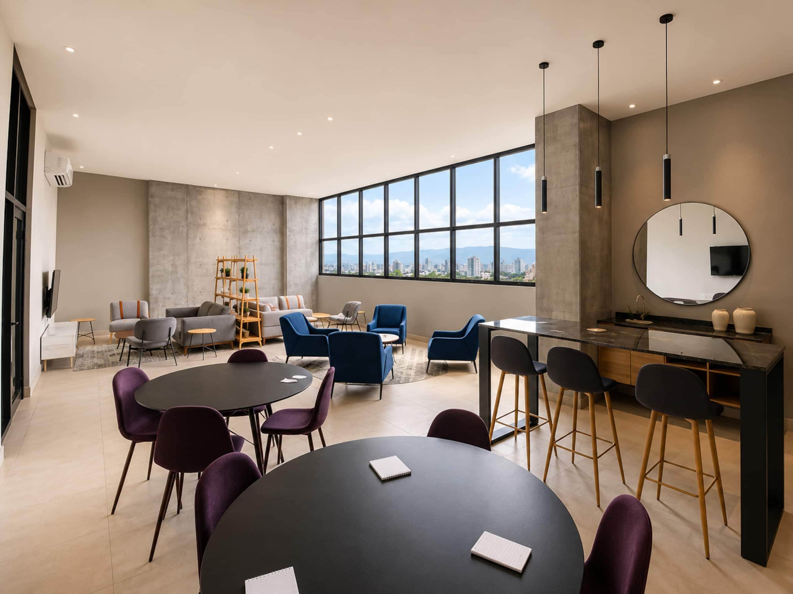 A modern conference room with a large table, multiple chairs, a bar area, and a large window offering a city view.