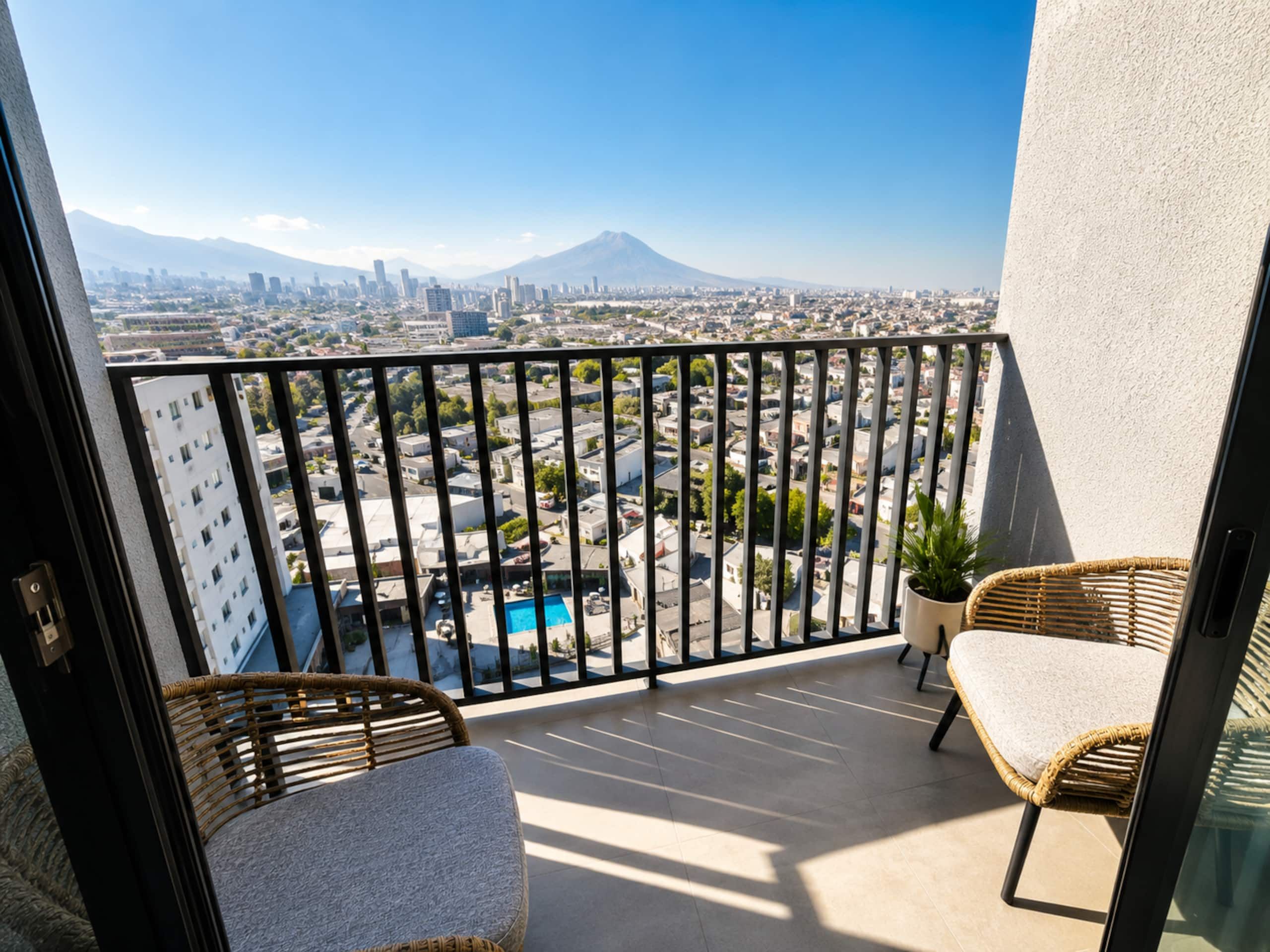 A balcony with a city view, a pool, and wicker furniture.