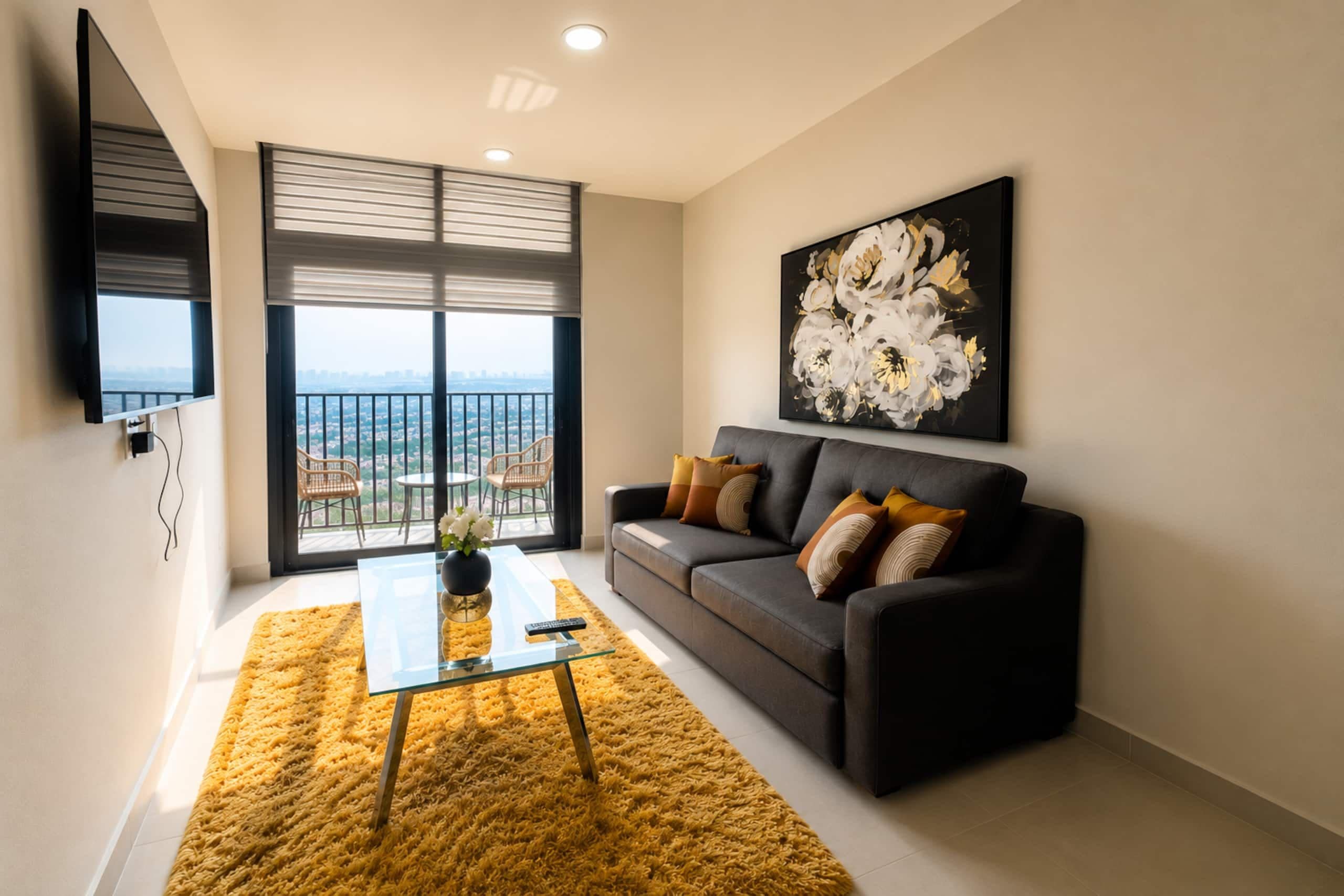 A modern living room with a sofa, a coffee table, and a large window offering a city view.