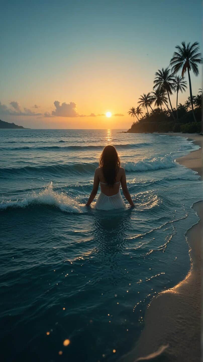Iemand staat in ondiep water aan een strand tijdens de zonsondergang.