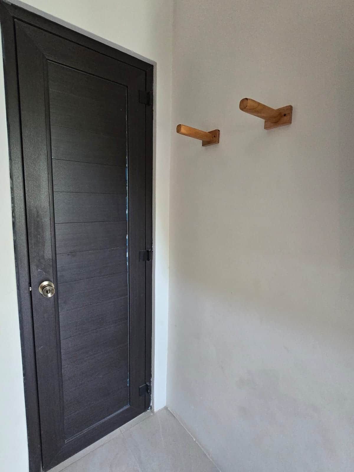 Une porte en bois sombre avec une poignée argentée, un mur blanc et deux crochets en bois fixés au mur.