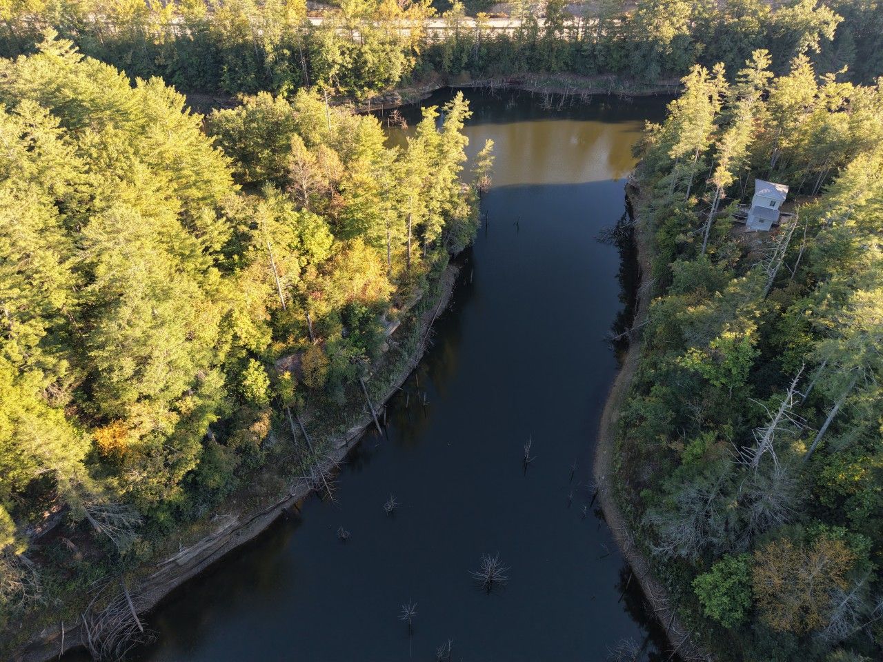 Une rivière bordée d’une forêt dense, avec un petit bâtiment sur la rive droite.
