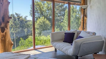 A room with a large window, a sofa, and a bed.