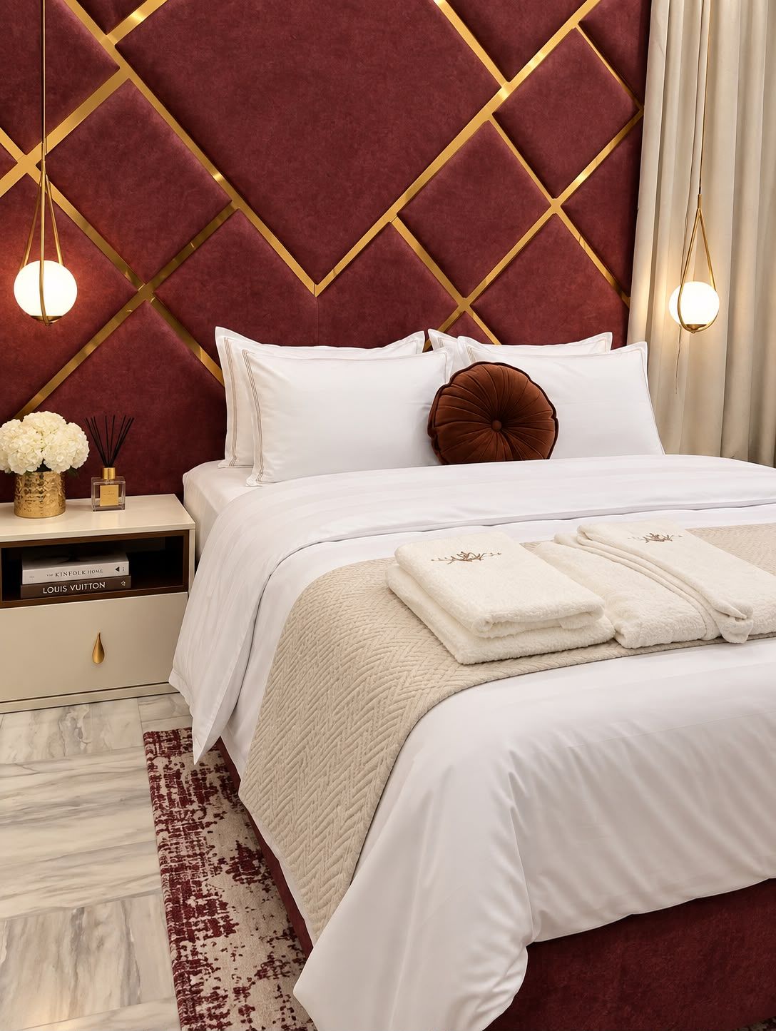 A hotel room with a bed, bedside tables, a nightstand, a decorative wall, and a hanging light fixture.