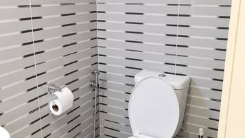 A modern bathroom with a toilet, a toilet paper holder, and a bidet.