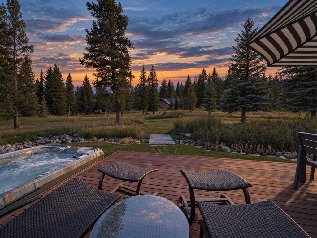 A wooden deck with a hot tub and lounge chairs, surrounded by a forest and a sunset view.