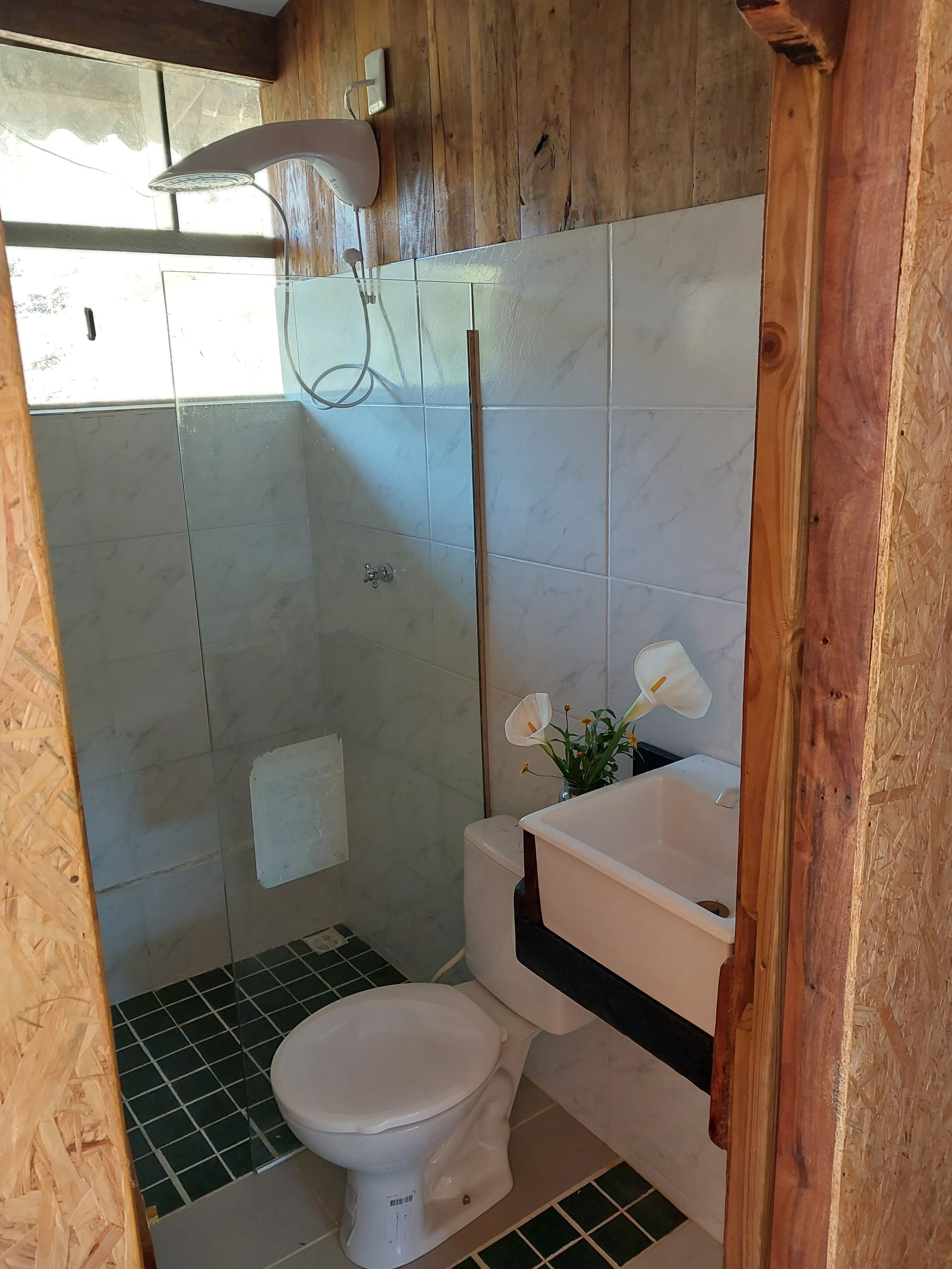 A bathroom with a toilet, sink, and shower area.