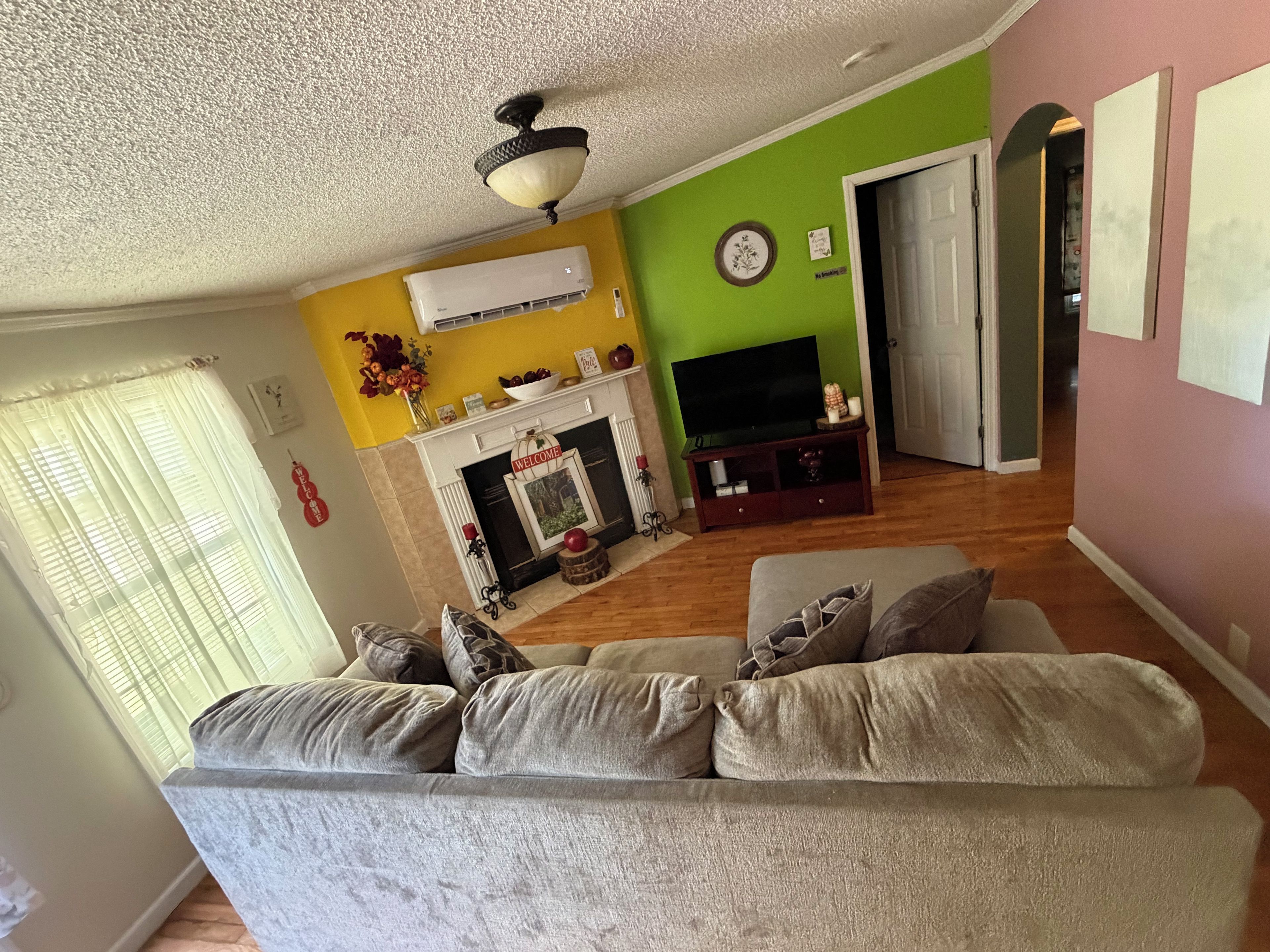 A living room with a sofa, fireplace, television, and a green wall.
