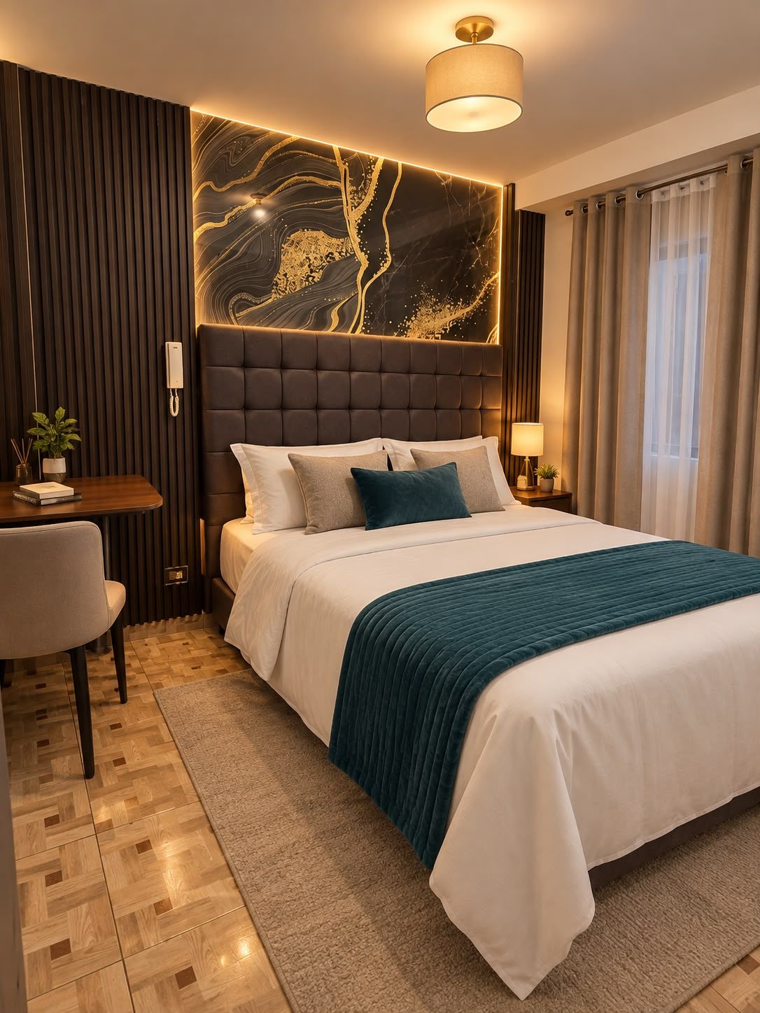 A modern hotel room with a large bed, a desk, and a wall-mounted phone.