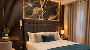 A modern hotel room with a large bed, a desk, and a wall-mounted phone.