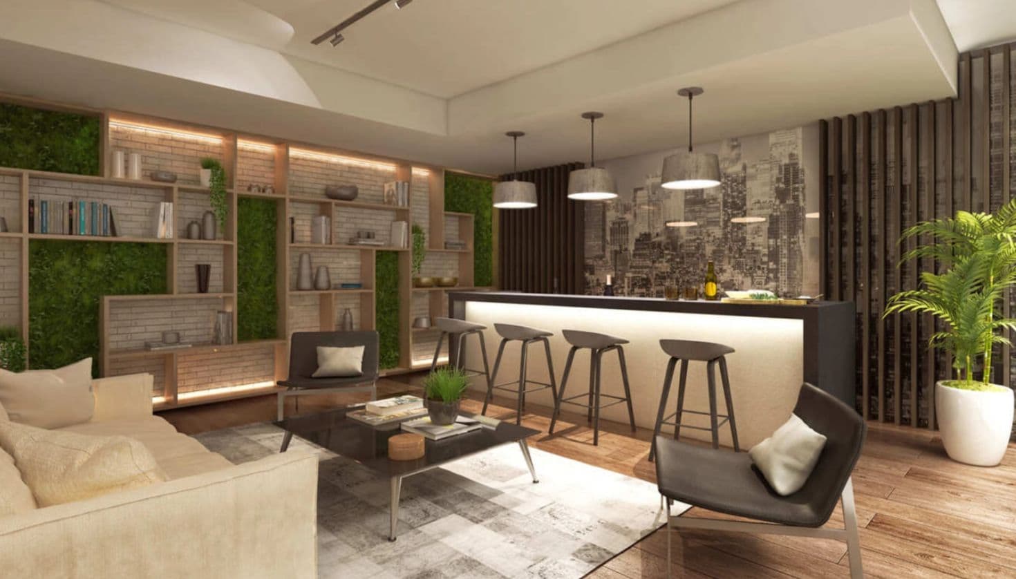 A modern living room with a sofa, coffee table, and bar stools. There is a bookshelf and a green wall.