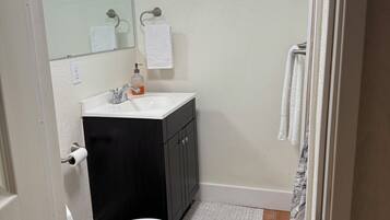 A bathroom with a toilet, sink, and mirror.
