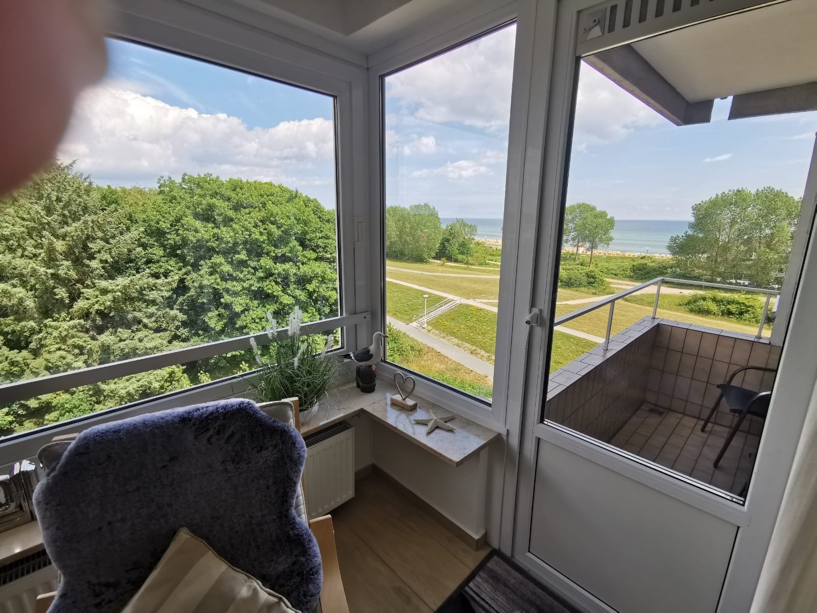 A room with a large window overlooking a park and the sea.