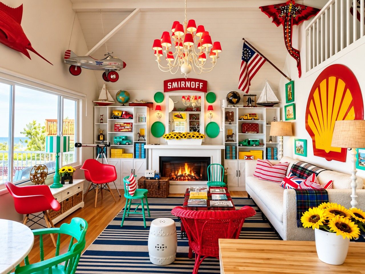 A vibrant living room with a fireplace, colorful chairs, and a variety of decorative items.