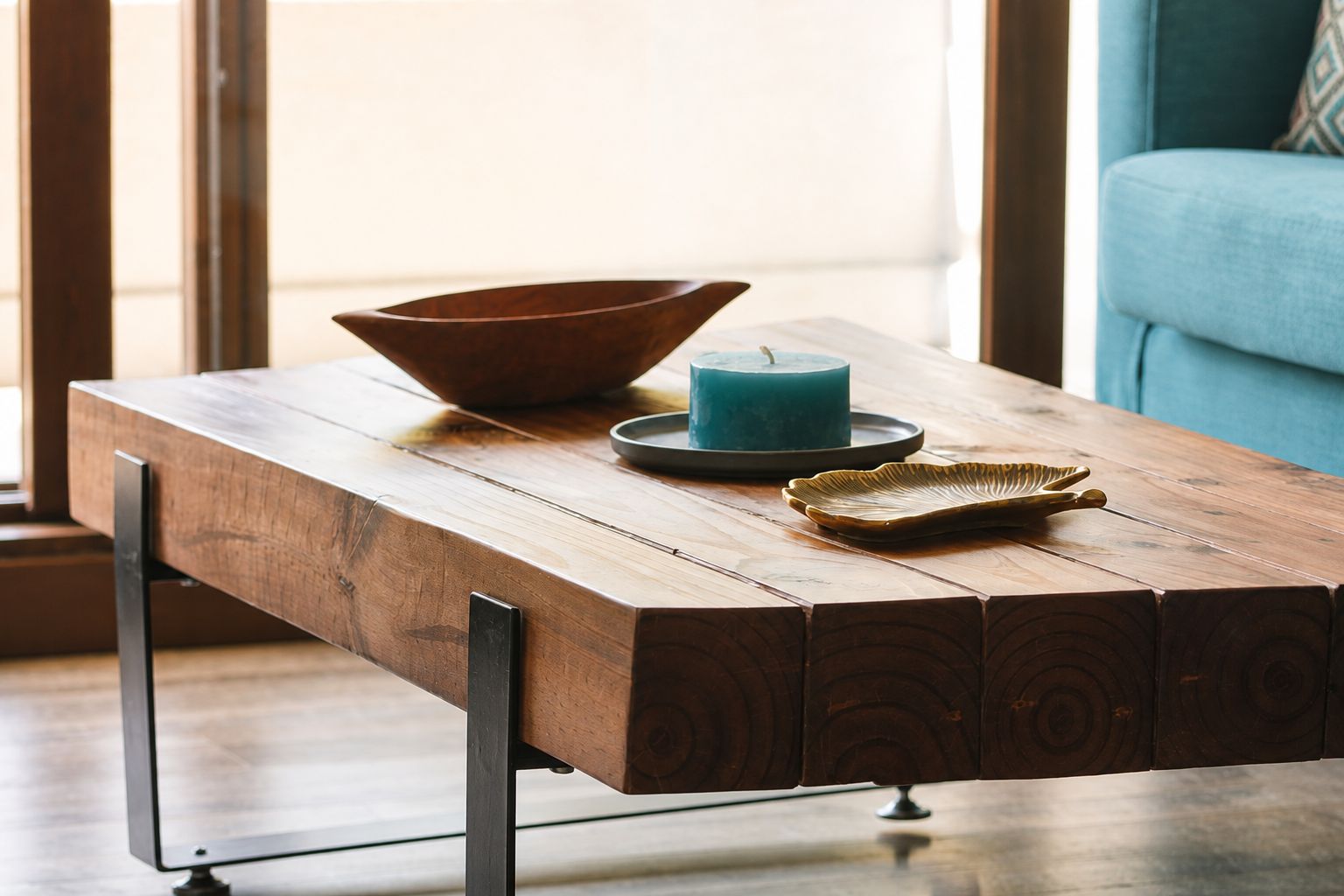 A wooden table with a bowl, a candle, and a decorative plate.