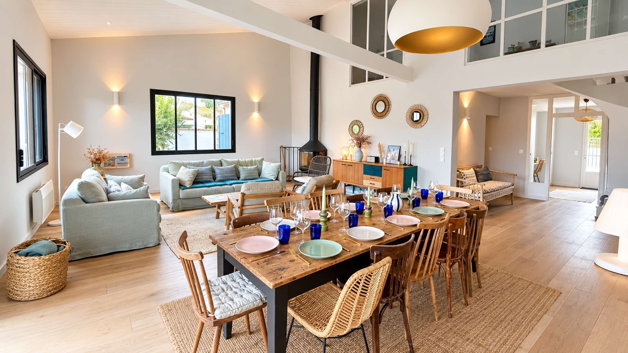 A spacious living room with a dining area, large windows, and a high ceiling.
