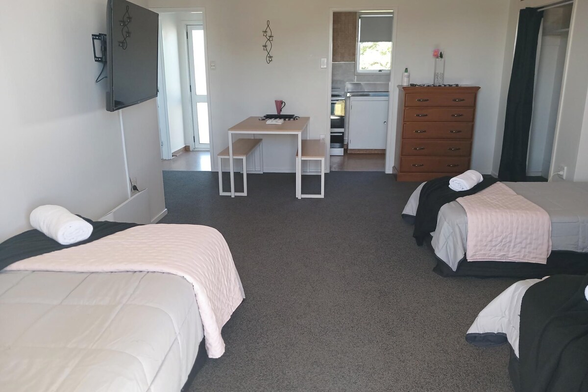 A room with two beds, a desk, a dresser, and a kitchenette.