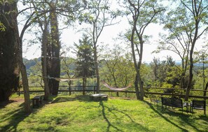 Una cadira espanyola penjada entre arbres en una zona verda amb bancs i taula de pícnic.