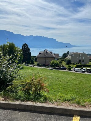 A residential area with houses, a road, and a mountainous backdrop.