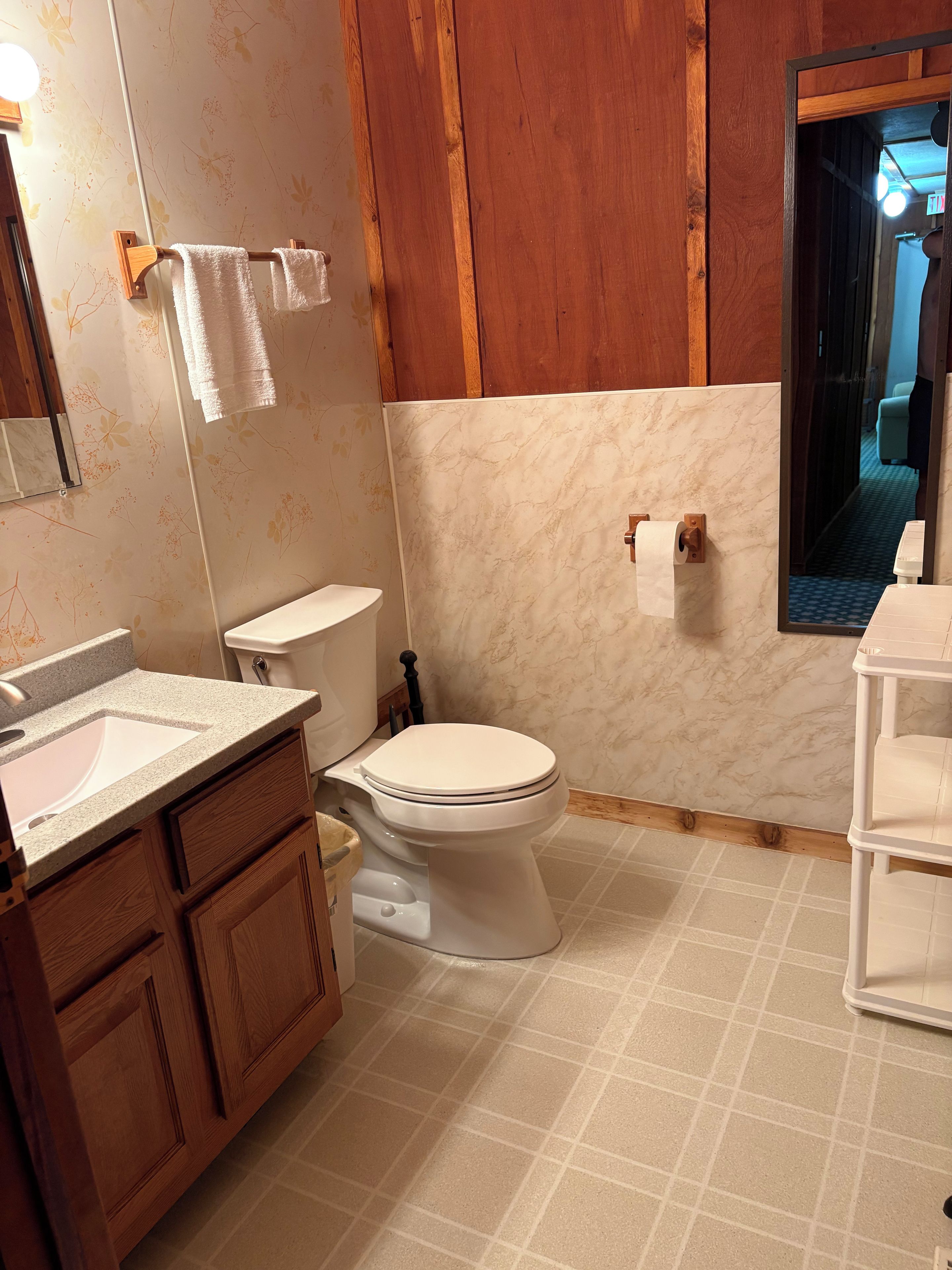 A bathroom with a toilet, sink, and mirror.