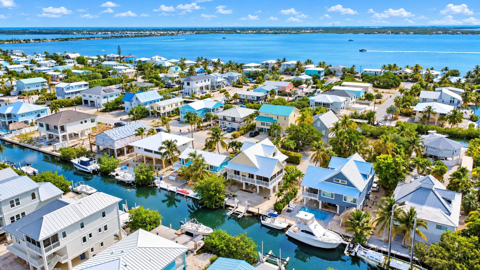 Un área residencial costera con casas, un puerto deportivo y una vista despejada del océano.