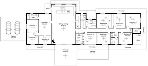 A hotel floor plan with 9 bedrooms, a dining/living area, a kitchen, a carport, and a store.