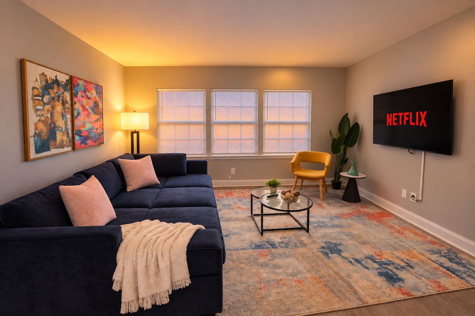 A living room with a dark blue sofa, a yellow armchair, a glass coffee table, and a flat-screen TV mounted on the wall.
