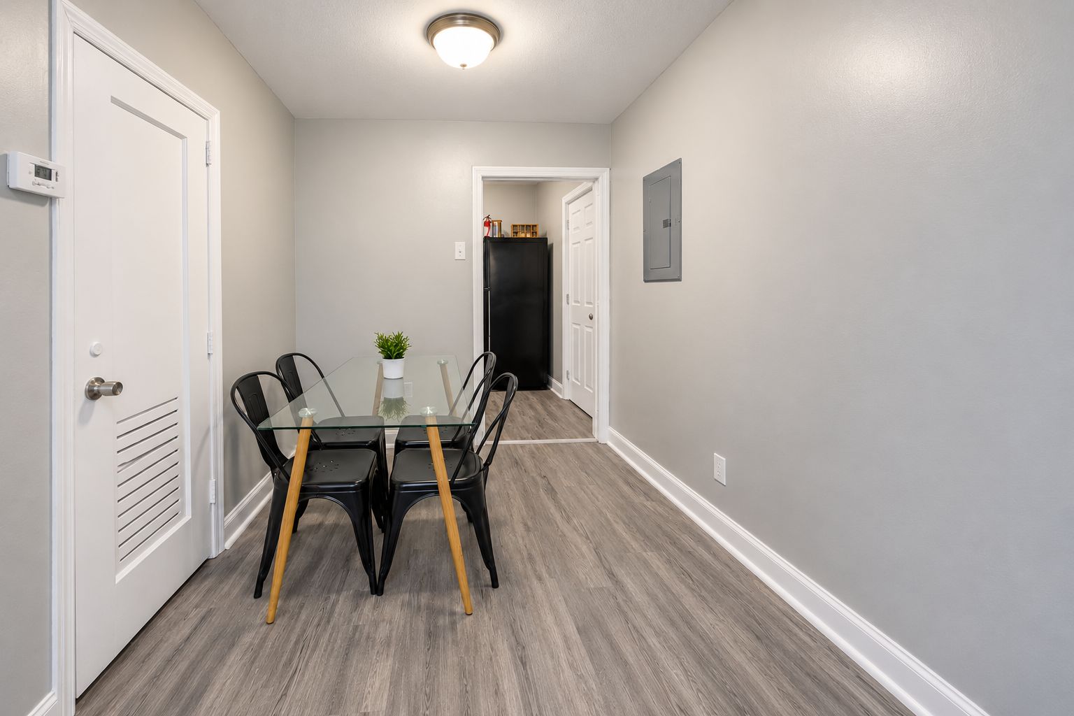 A hallway with a glass-top table and chairs, a potted plant, and a door leading to a closet.