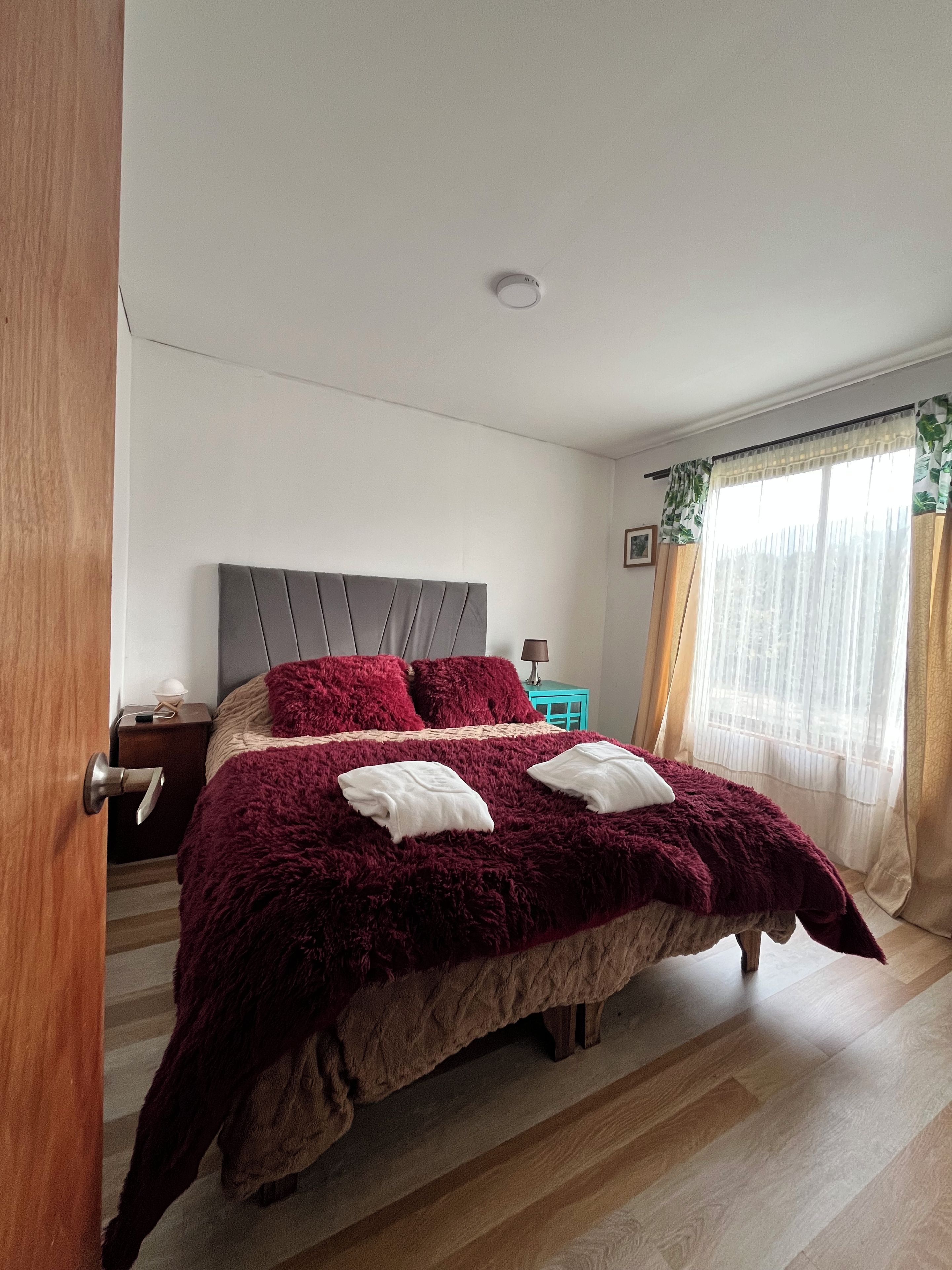 A bedroom with a bed, a nightstand, a window with curtains, and a door.