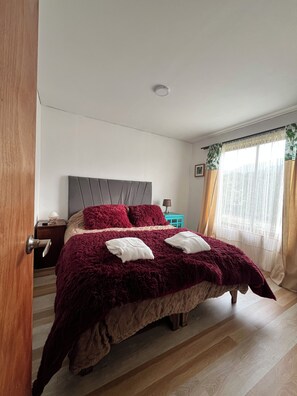 A bedroom with a bed, a nightstand, a window with curtains, and a door.