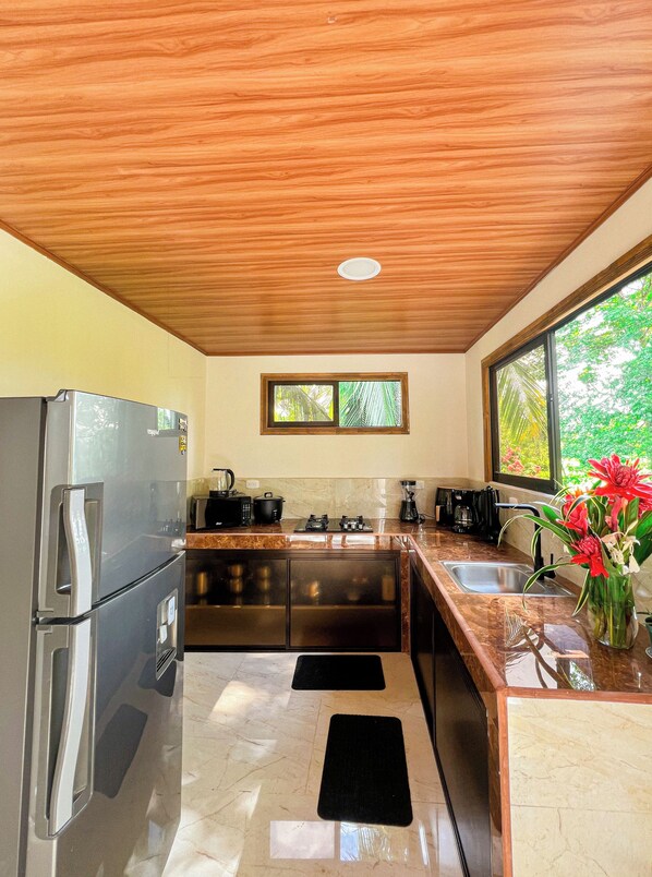 A kitchen with a stainless steel refrigerator, a stove, and a sink. There is a window with a view of greenery outside.