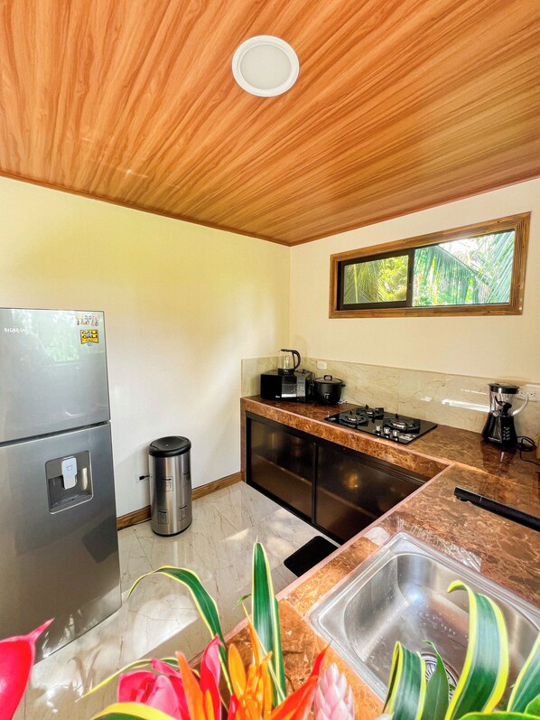 A compact kitchen with a refrigerator, stove, sink, and a window with a view of greenery.