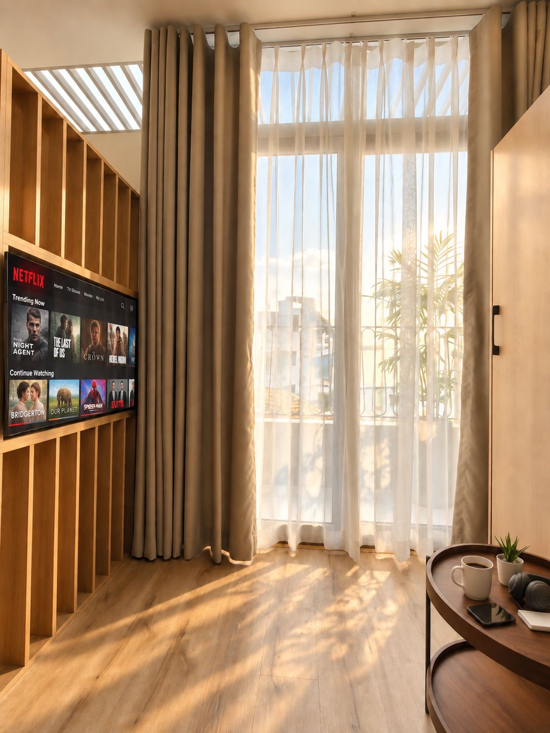Een moderne woonkamer met een grote televisie waarop een Netflix-interface te zien is, een houten boekenkast, een schuifdeur met gordijnen en een kleine ronde tafel met een koffiekop en een headset.