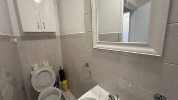 A bathroom with a toilet, a sink, a mirror, and a cabinet.
